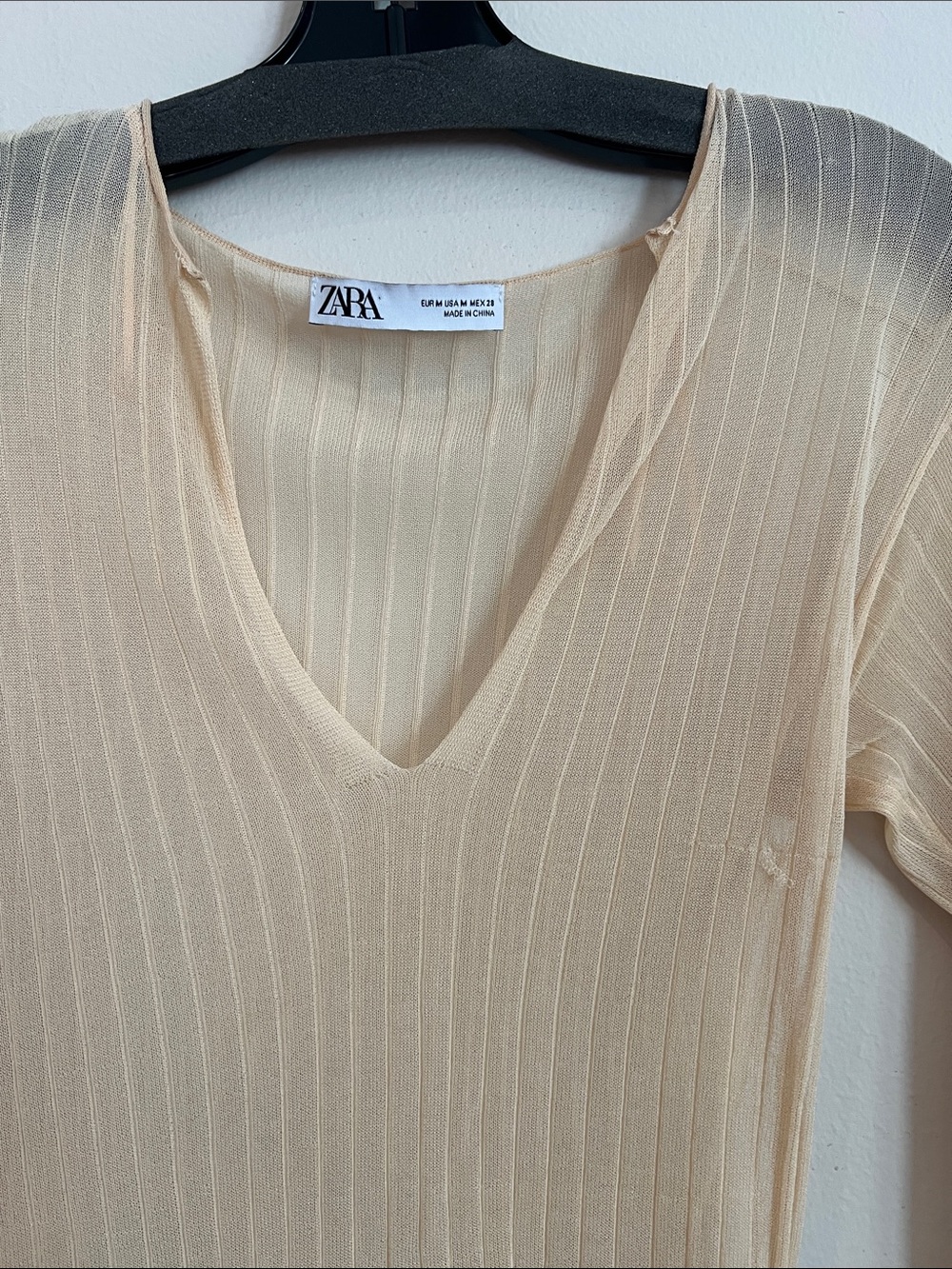 ZARA Delicate Sheer See through Ribbed V-Neck Long Sleeve Top in Ecru